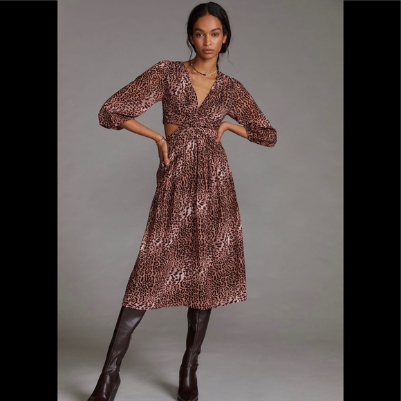 Anthropologie Floral Cut Out Midi Dress Brown Motif Brown animal print XSP NWT - Picture 3 of 17
